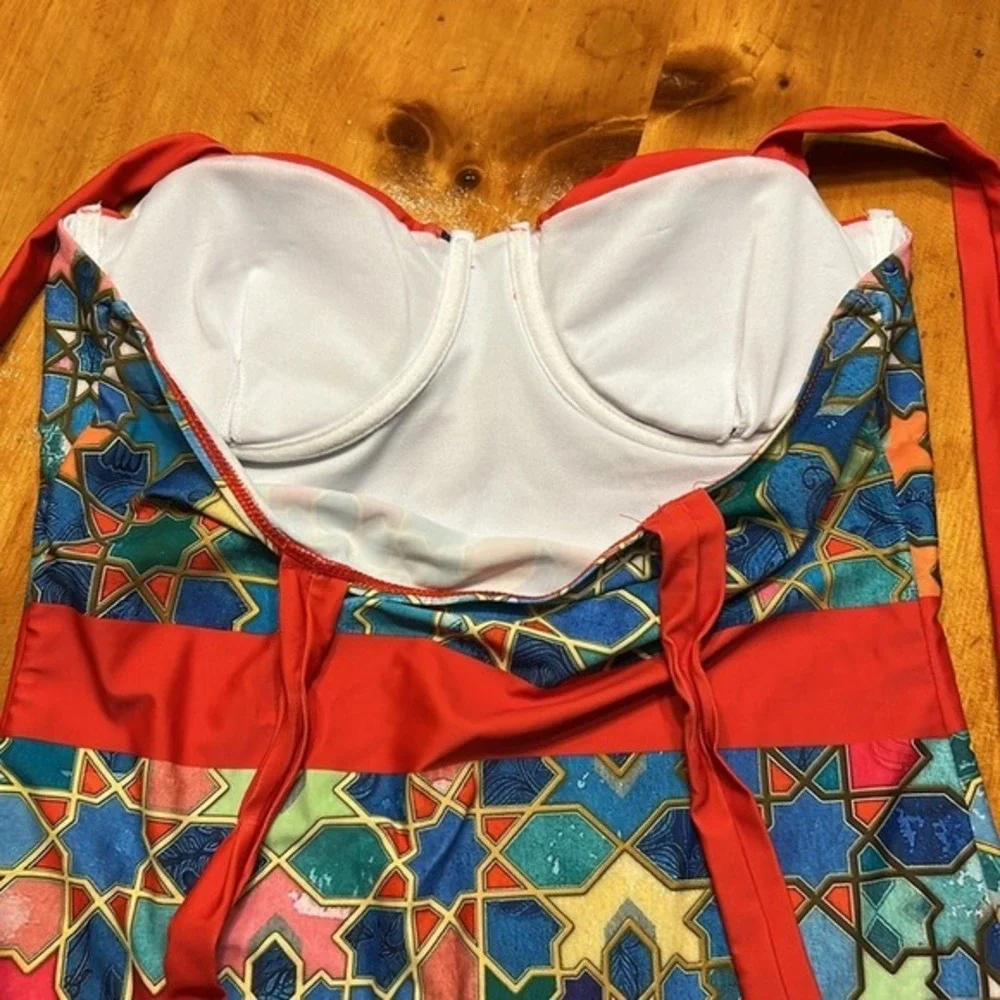 Boho Chic Geometric Mosaic Print Underwire One Piece Swimsuit and Wrap Skirt Set